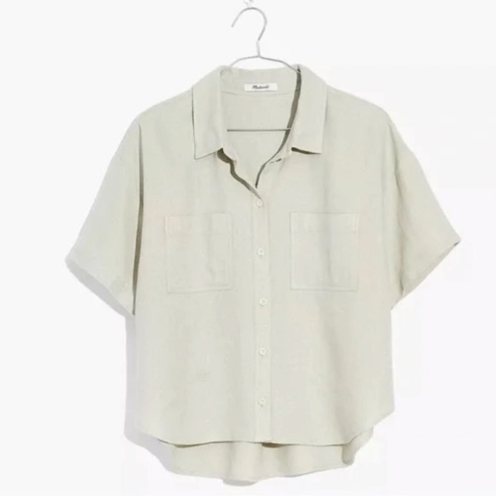 Madewell Sage Green Linen Blend Button-Up Crop Top Size M